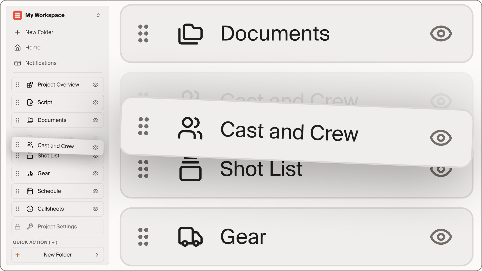 CineFlow pages being shown and hidden to fit the work