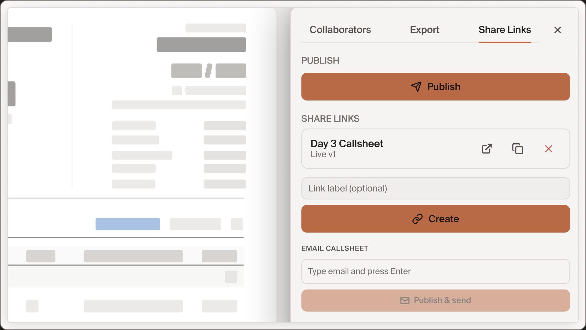 A CineFlow callsheet being published as a live link and exported to PDF