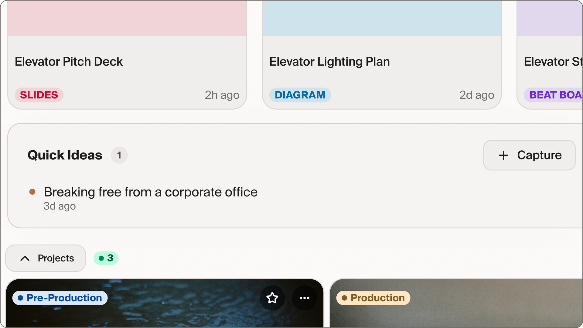 A CineFlow project overview with recent documents and captured ideas