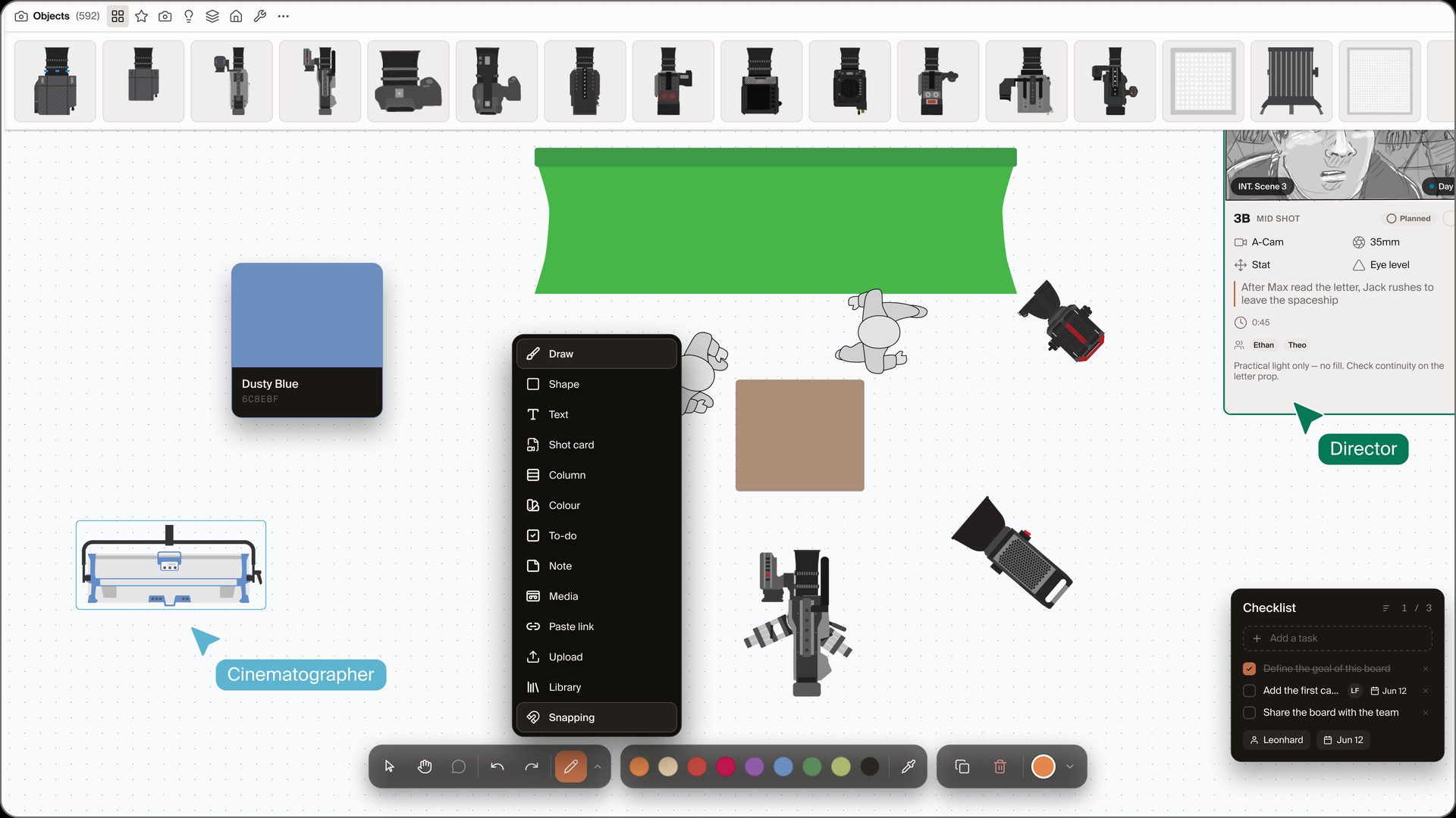 A CineFlow board with camera and lighting gear, a shot card, and the director and cinematographer working on it live