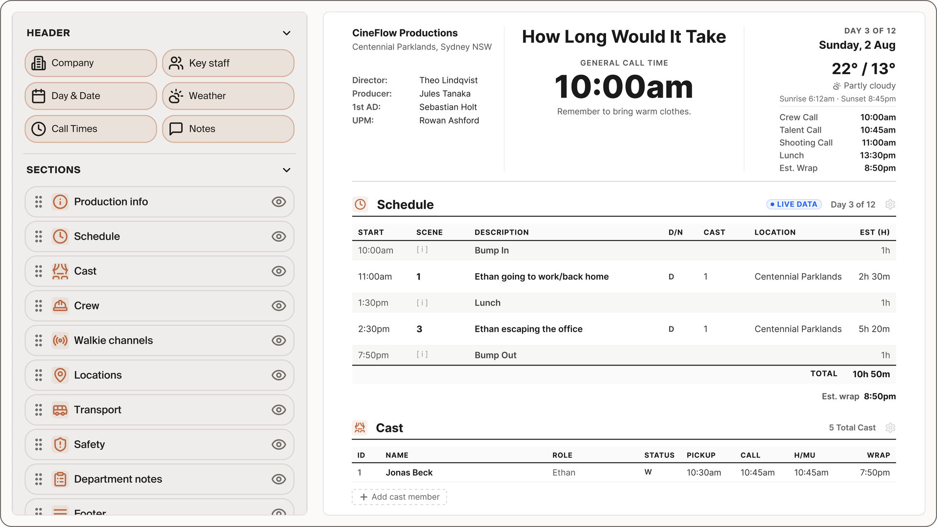 A CineFlow callsheet being composed section by section