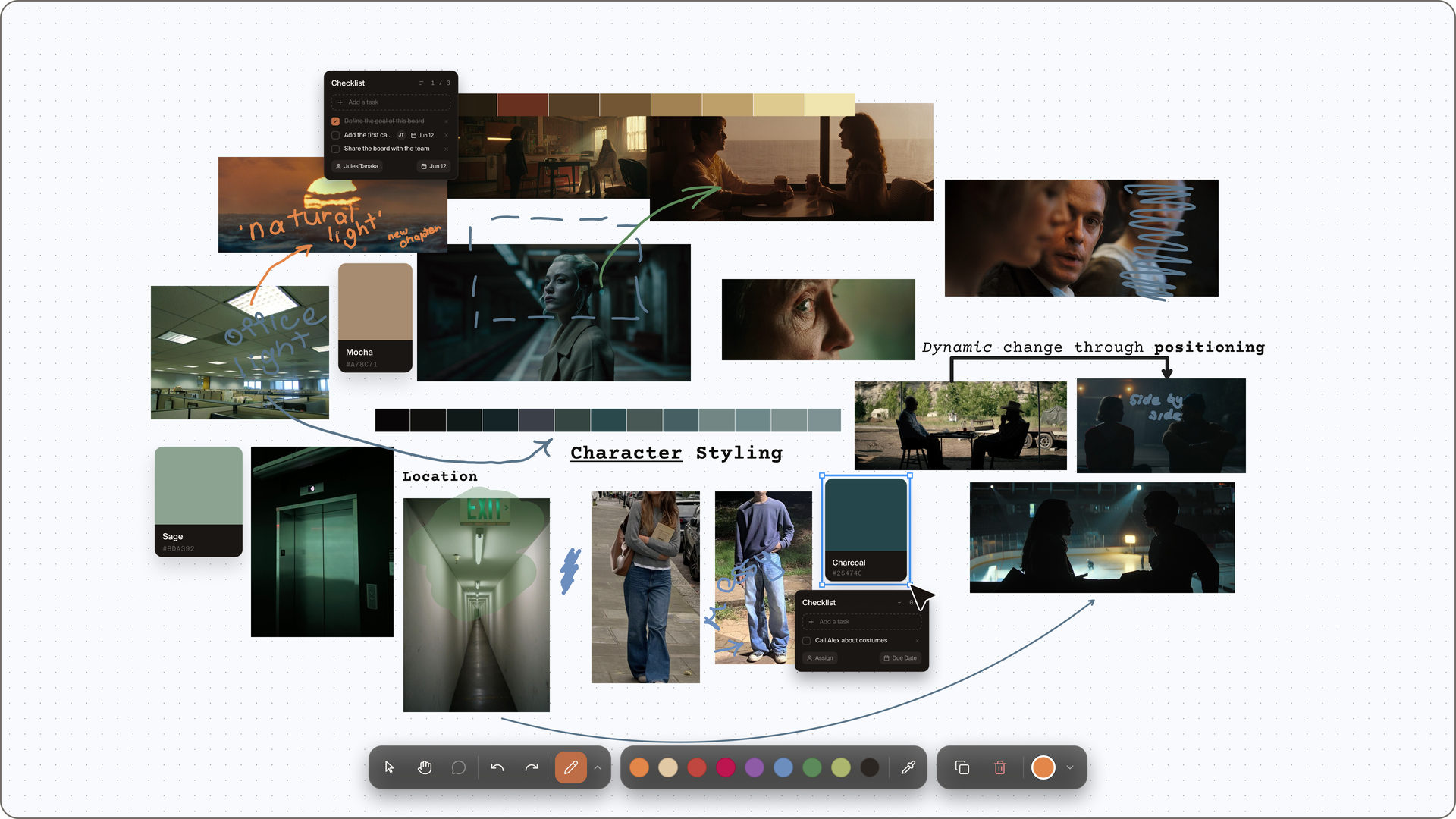 A CineFlow moodboard of film stills, colour swatches, and annotations