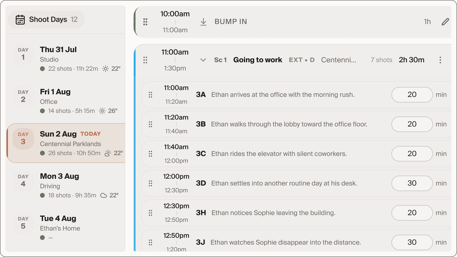 A CineFlow shooting schedule with shoot days and timed shots