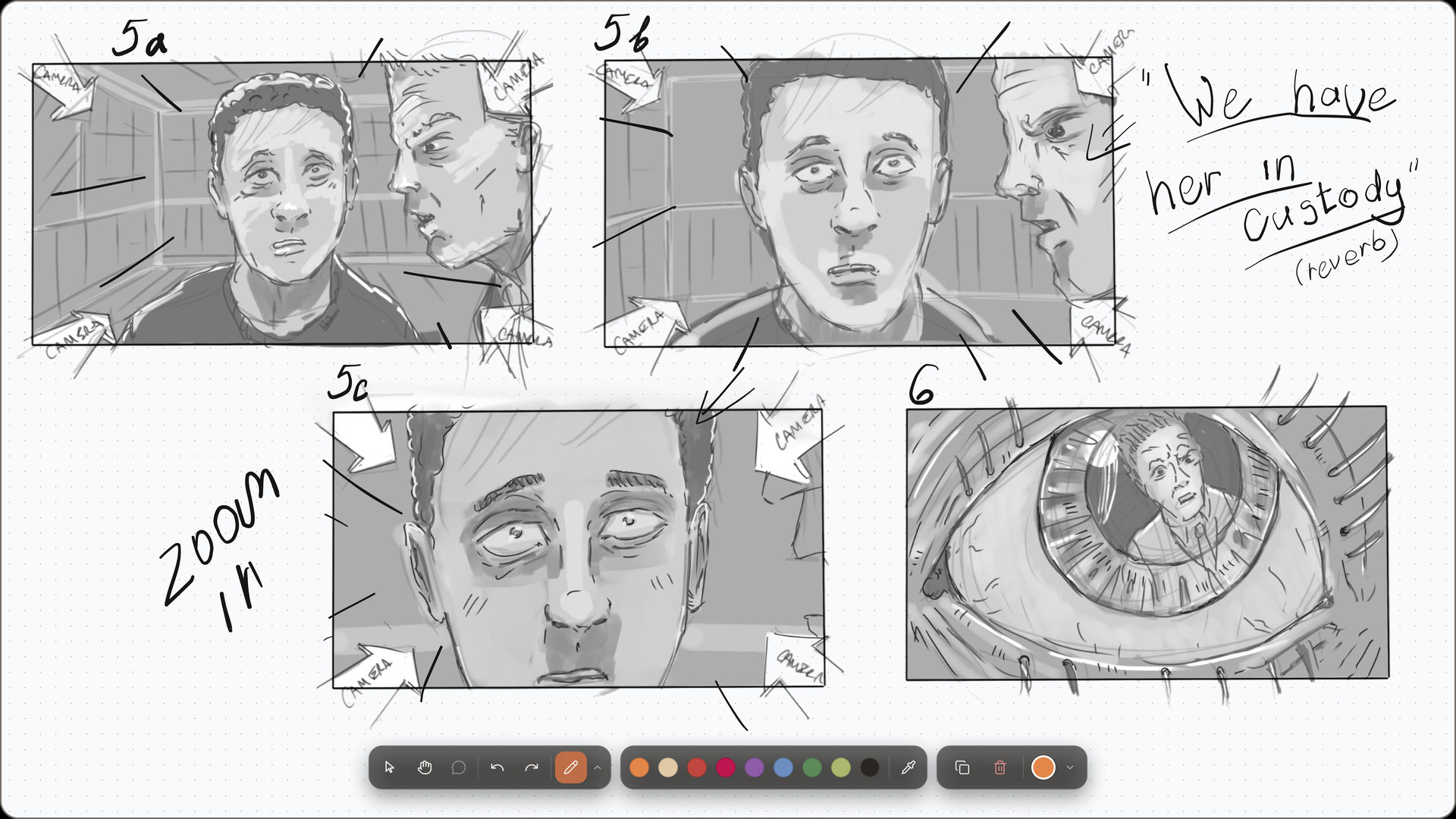 A CineFlow storyboard of hand drawn panels with camera notes