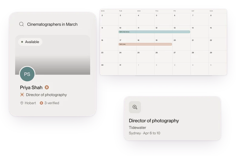 A search for cinematographers open to work, a callout and Priya Shah's profile in the results.