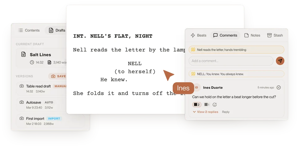 The script page at EXT. LAST FERRY, NIGHT, with its drafts beside it and comments from the crew.