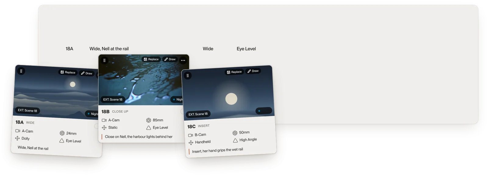 Three shot cards for Sc 18 over the shot list, each with its frame, lens, movement and angle.
