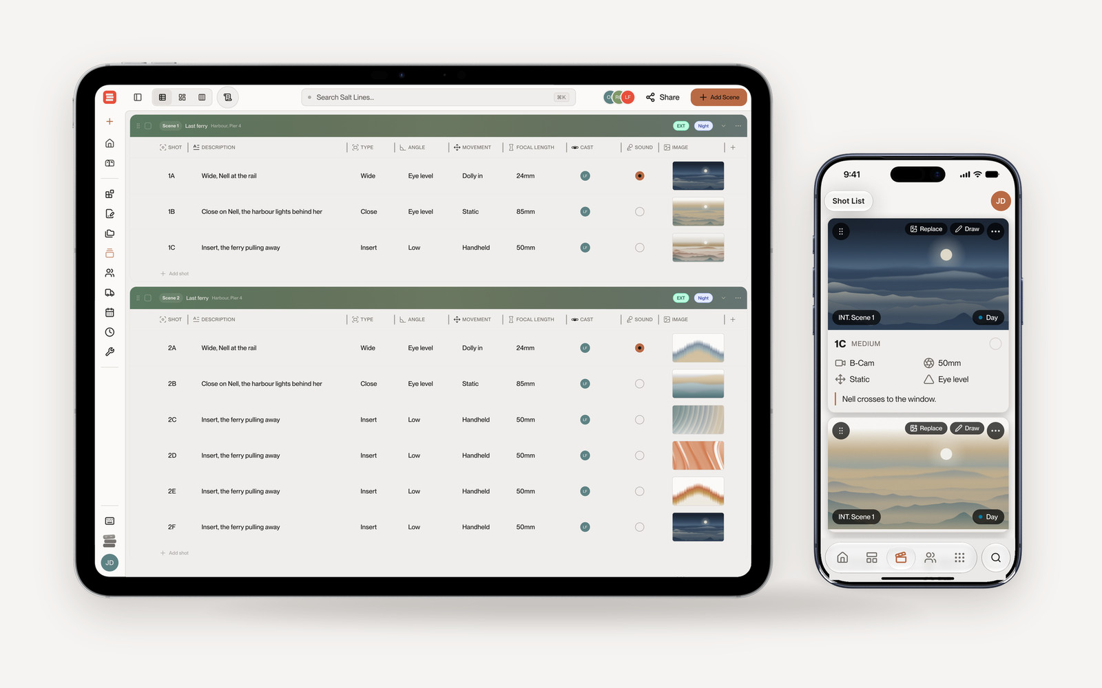 CineFlow's shot list on an iPad and an iPhone