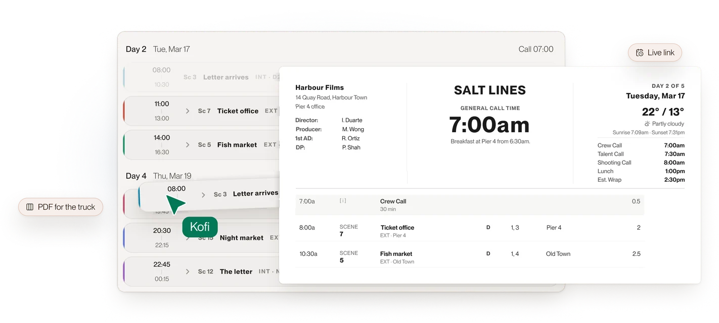 A scene moved on the stripboard, and the call sheet for that day already showing it.